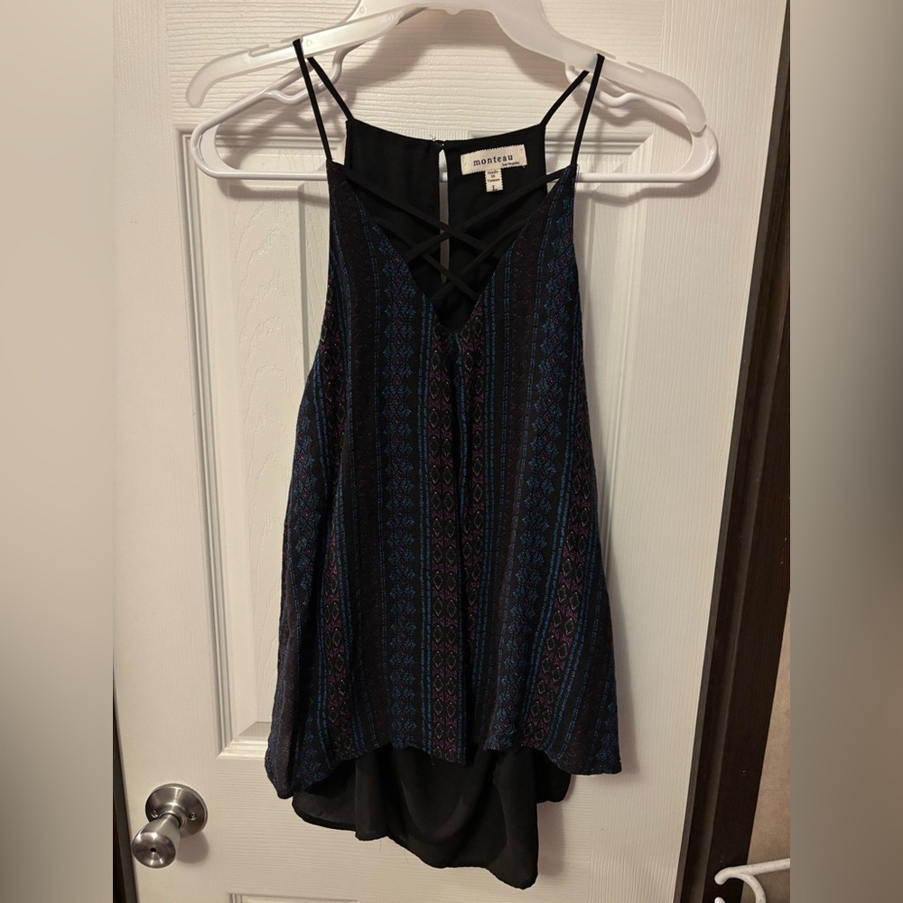 Monteau Black and Blue Crisscross Tank Top